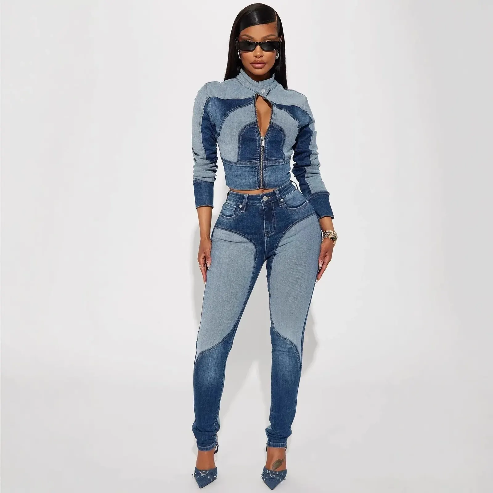 Jean skinny patchwork bicolore
