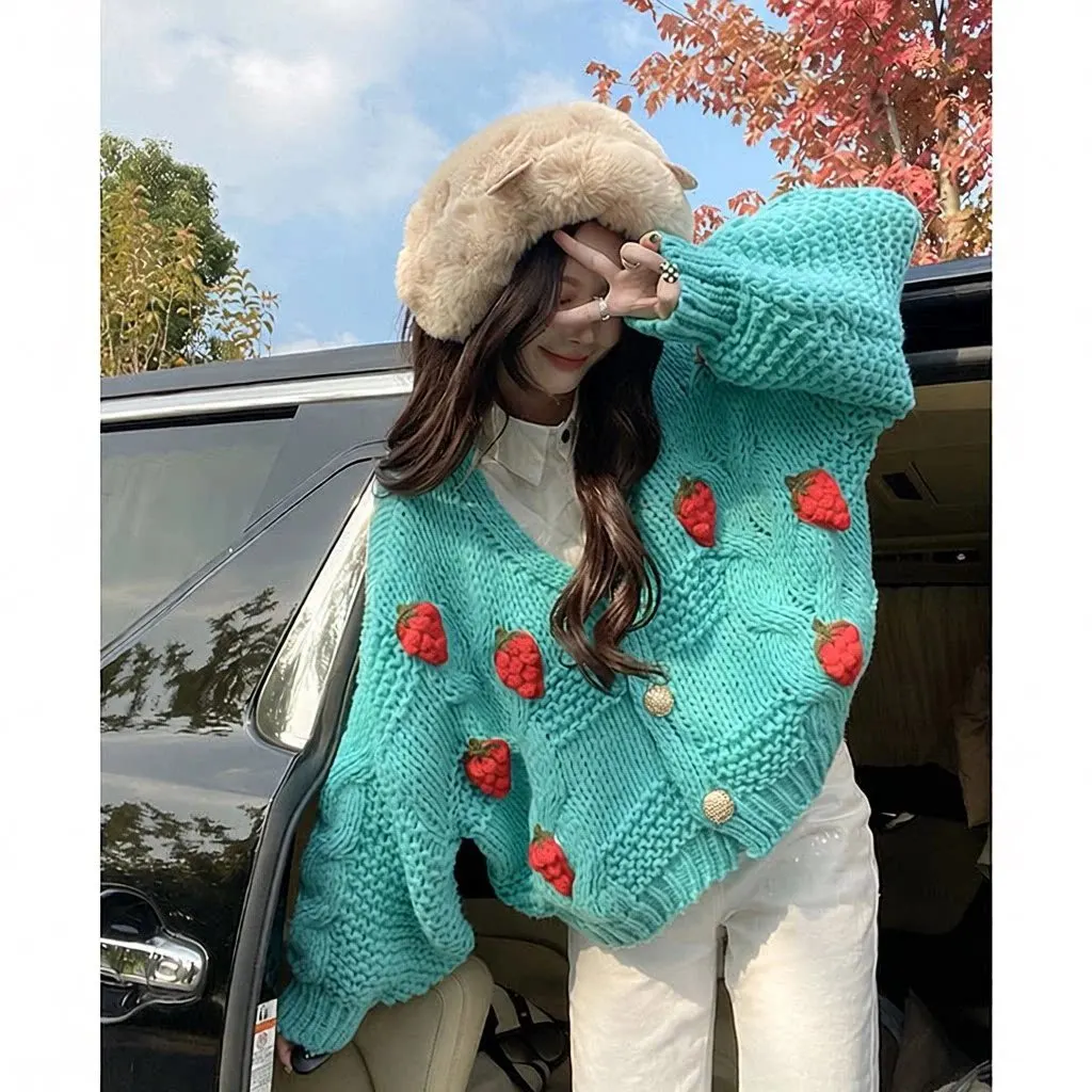 Cardigan en grosse maille fraises