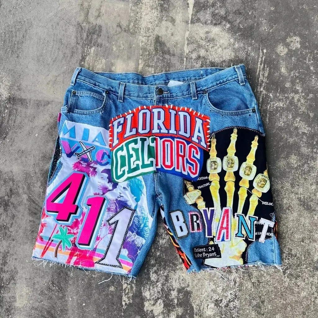 Short en denim patchwork NBA