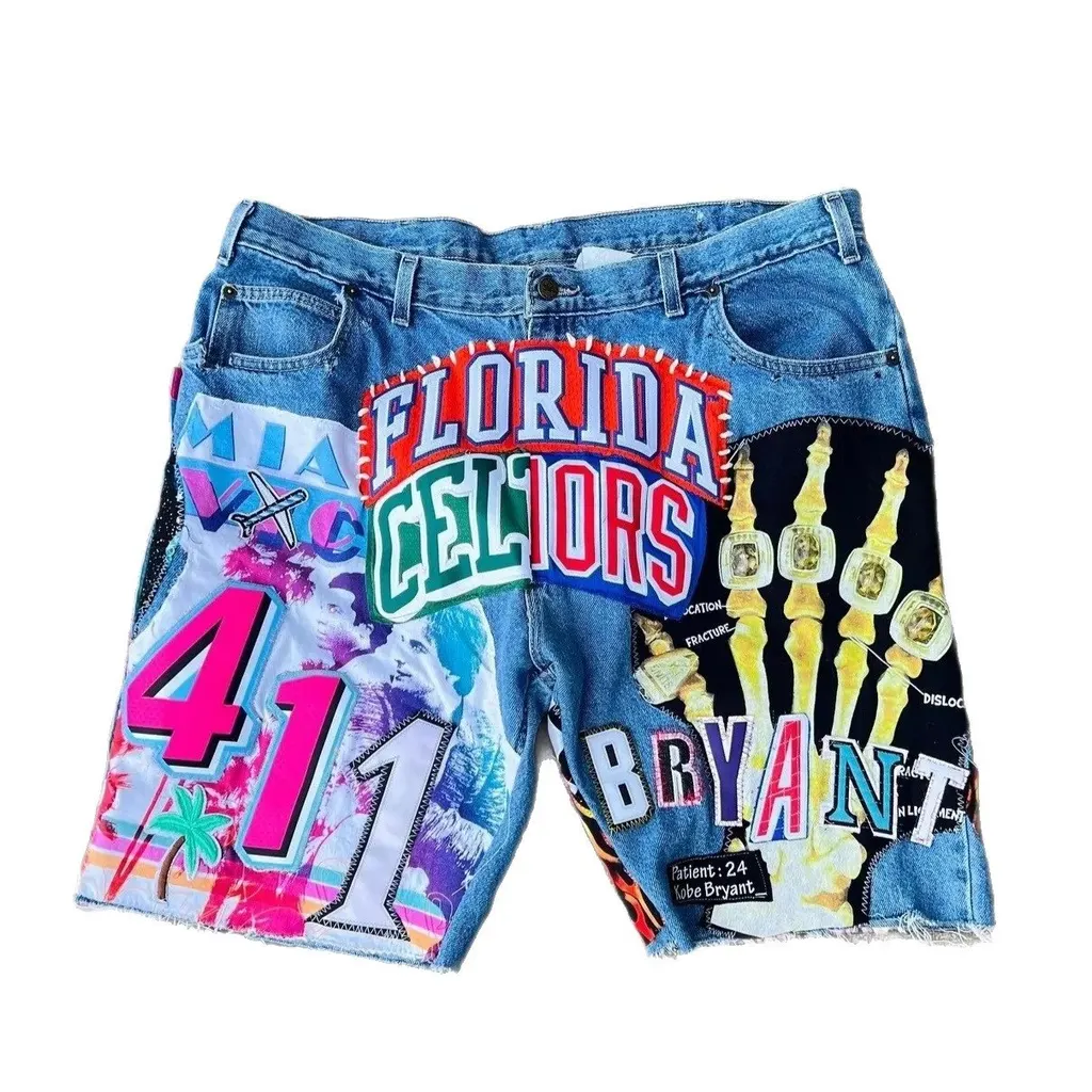 Short en denim patchwork NBA