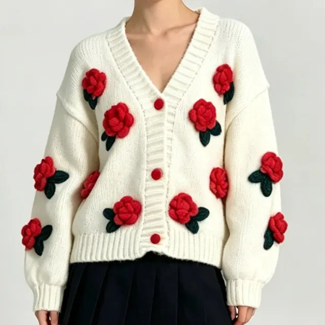Cardigan maille fleurs 3D