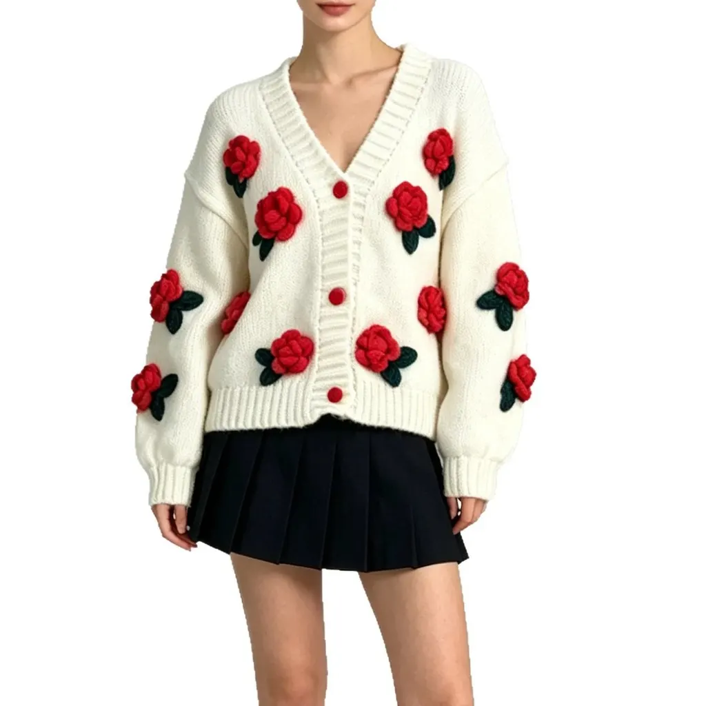 Cardigan maille fleurs 3D