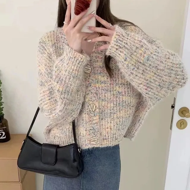 Cardigan court en maille chinée