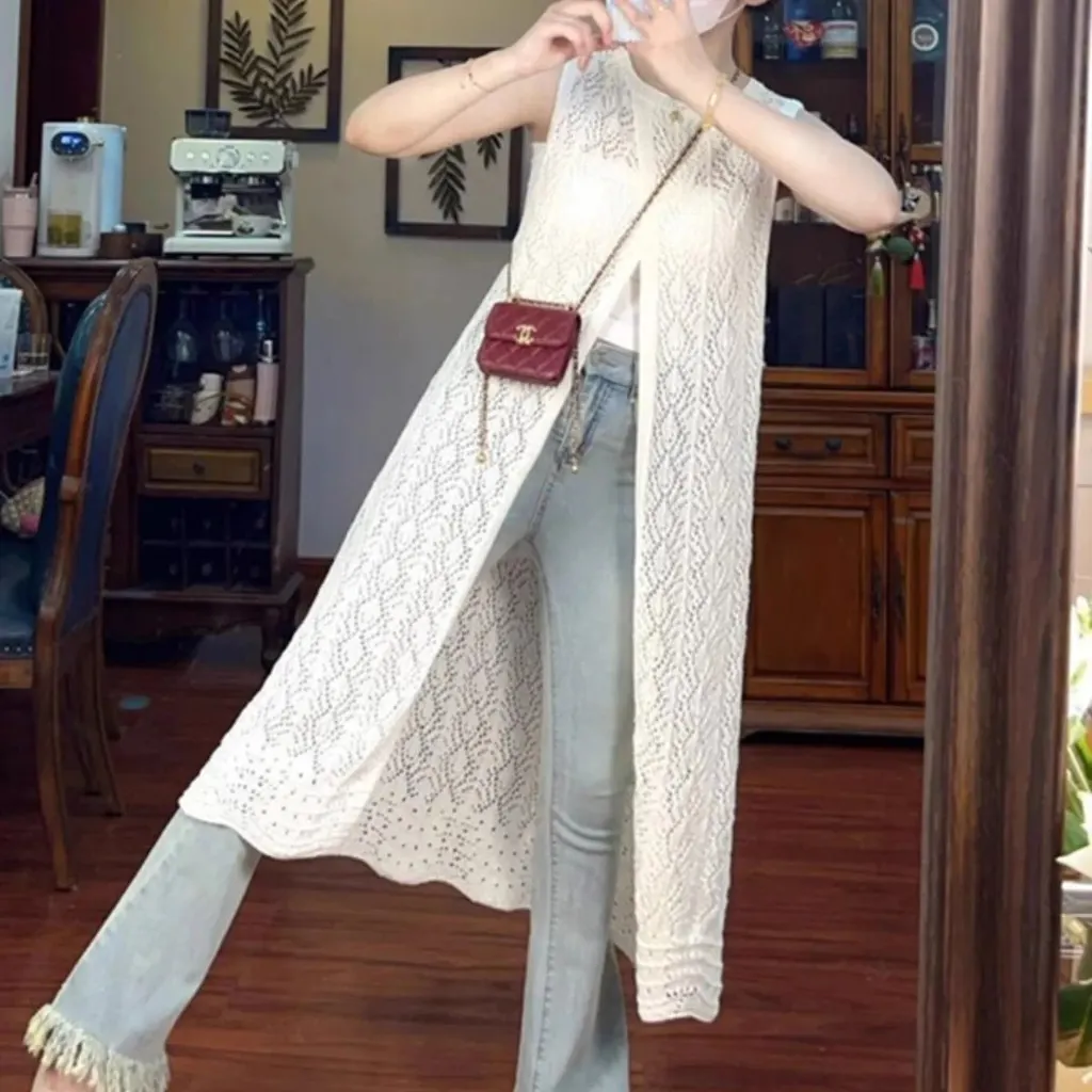 Gilet long en maille ajourée