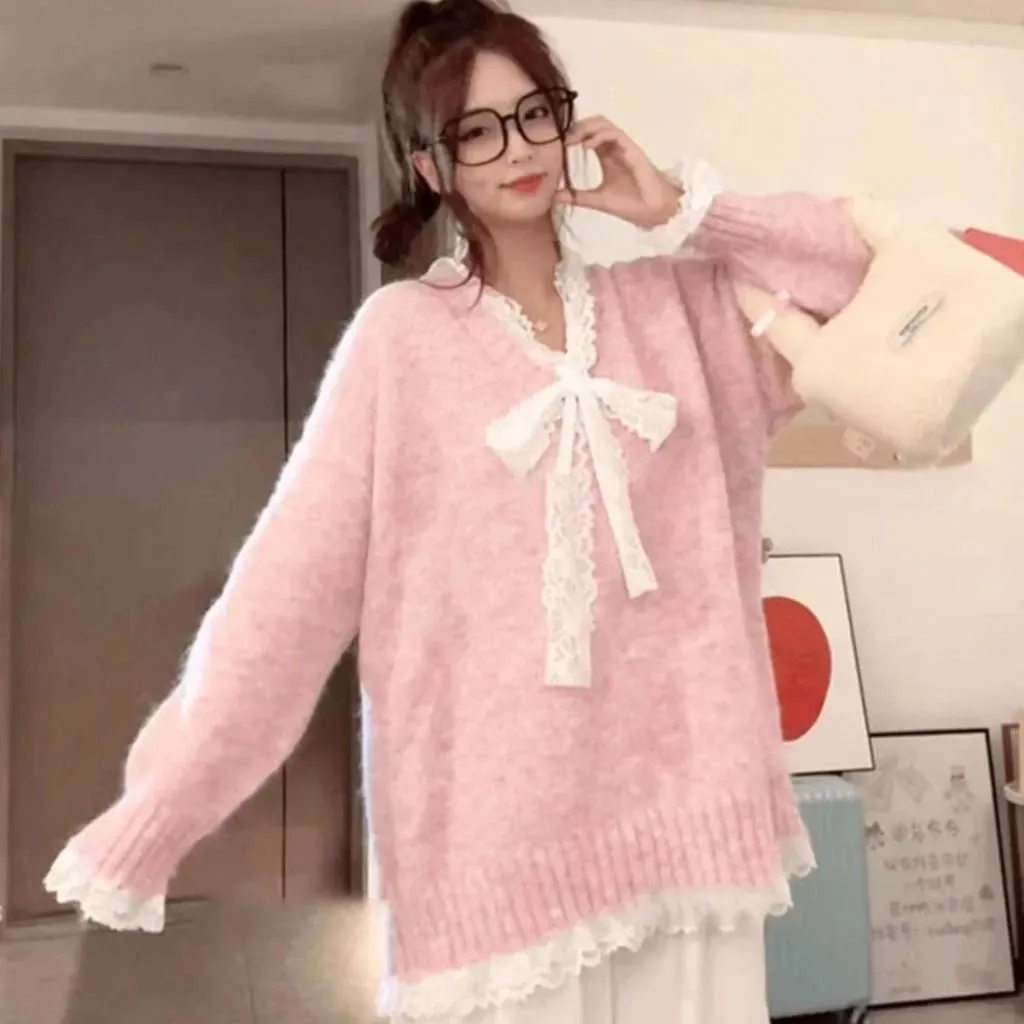Pull ample nœud dentelle