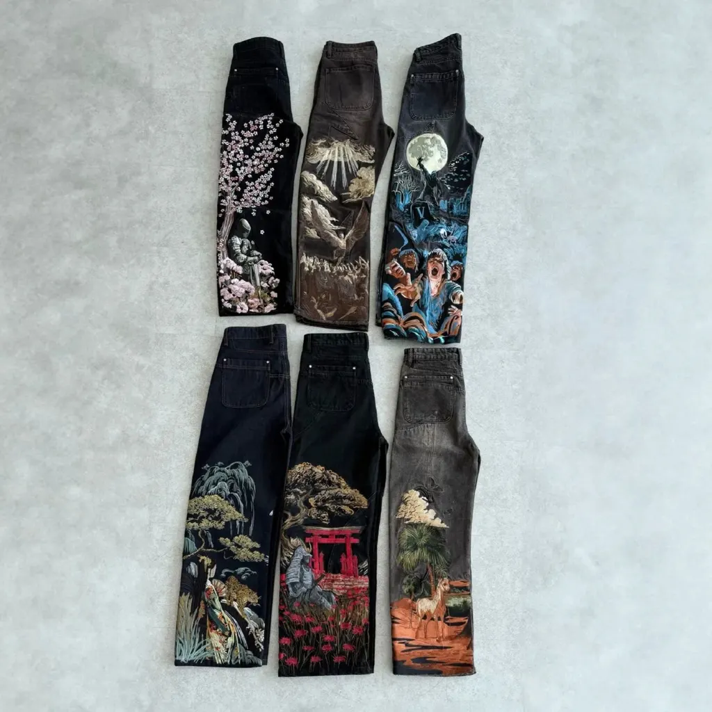Jean large brodé japonais