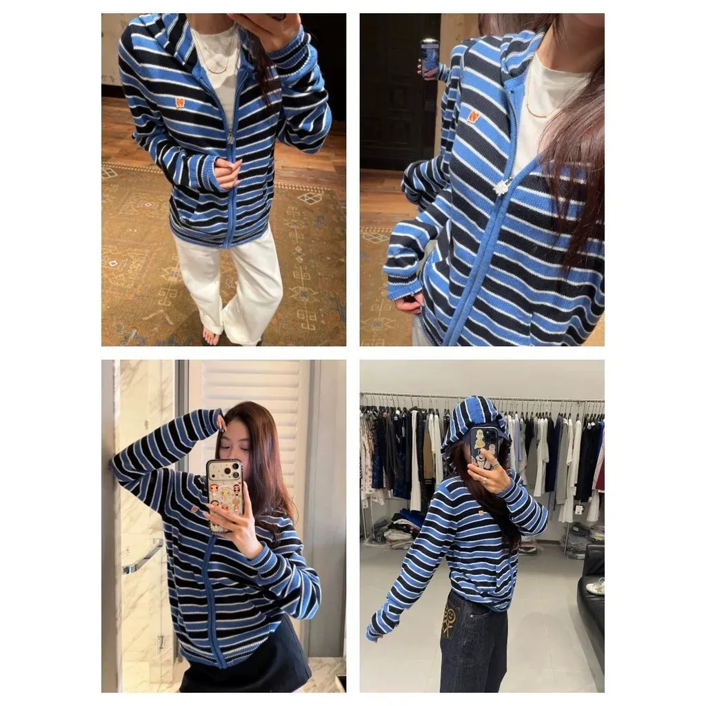 Cardigan zippé à capuche rayé