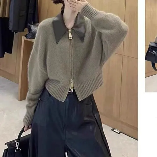 Cardigan zippé col cuir