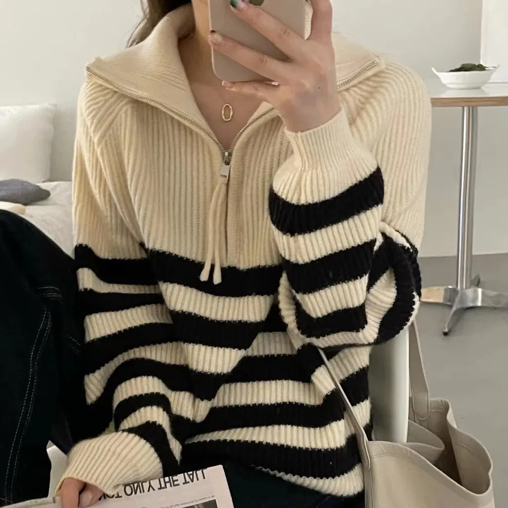 Pull rayé demi-zip