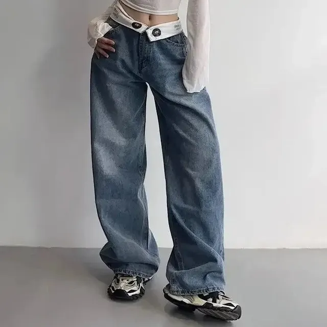 Jean large taille repliée