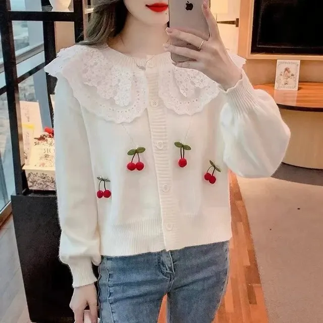 Cardigan cerises col claudine