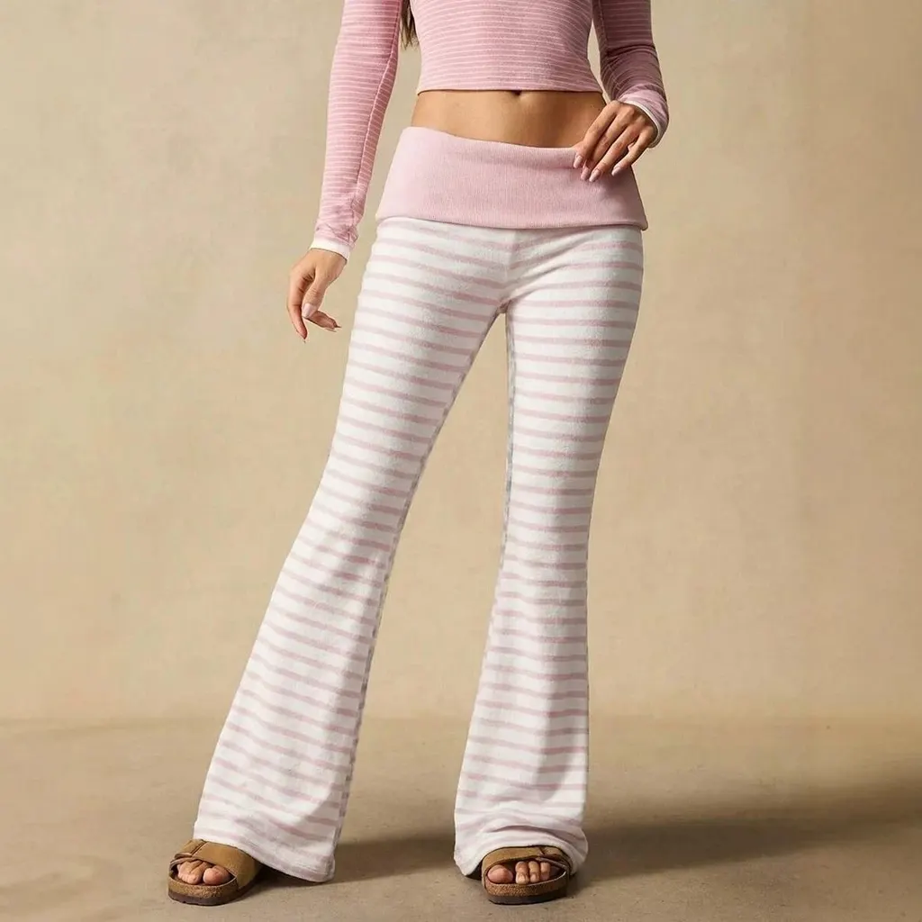 Pantalon évasé rayé taille rabattue