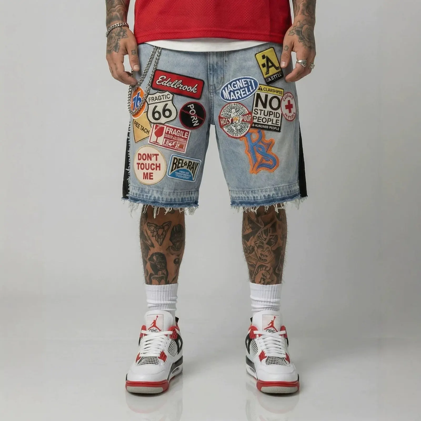 Short en denim à écussons