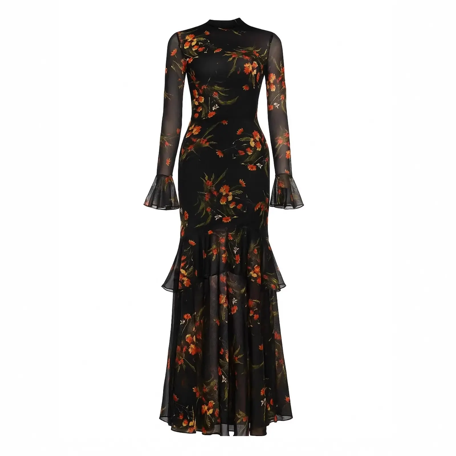 Robe longue fleurie à volants