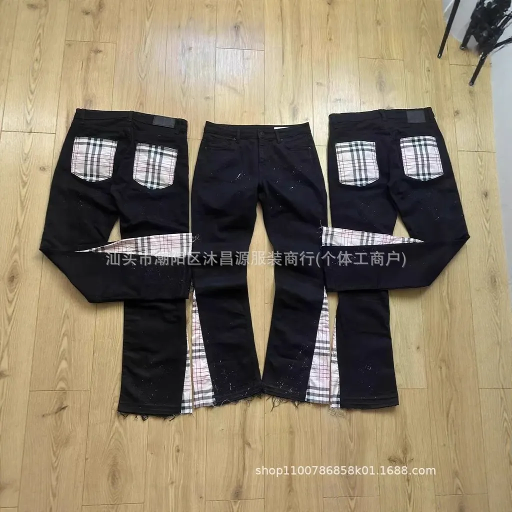 Jean évasé empiècement tartan