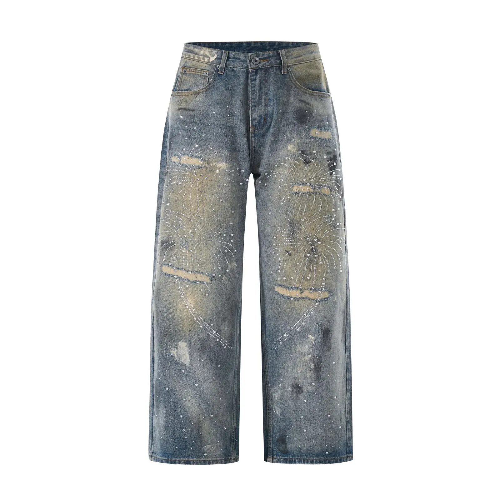 Jean large délavé à strass